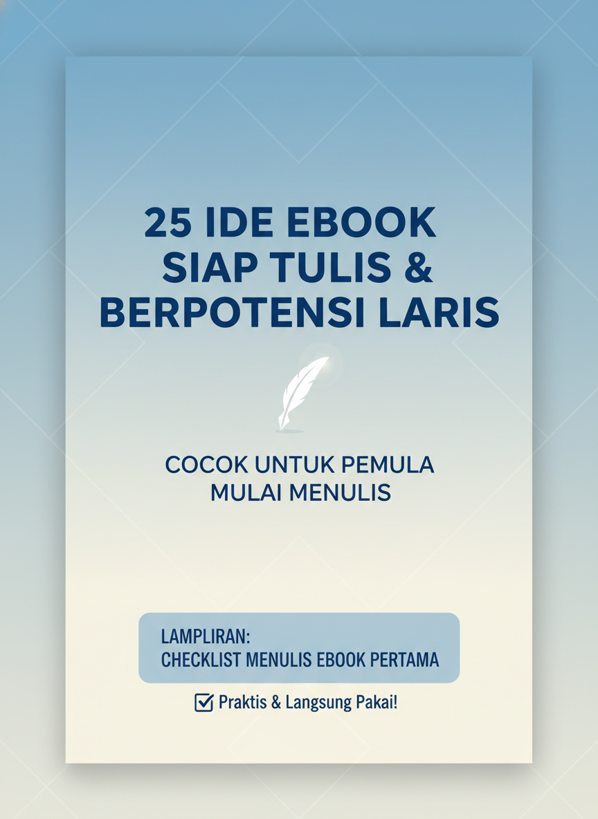 "25 Ide eBook Siap Tulis & Berpotensi Laris" Subjudul:  "Inspirasi Cepat untuk Pemula yang Ingin Langsung Mulai"